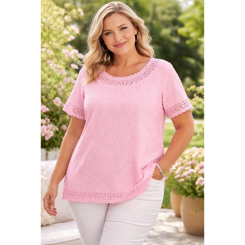 Blair 2XL Pink Cutout Eyelet Blouse Floral Textured Short Sleeve Scallop Hem Top